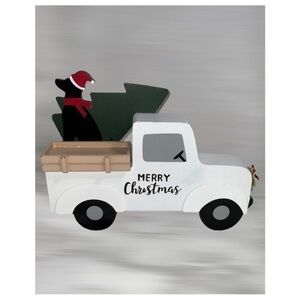 Winter Wonder Christmas 10” Heavy White Wooden Pickup Truck Tree Dog Table Decor